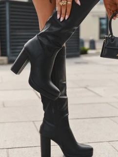 Dámské Kozačky Do Kolena Na Podpatku Eko Kůže Černé model 21705113 - Boto