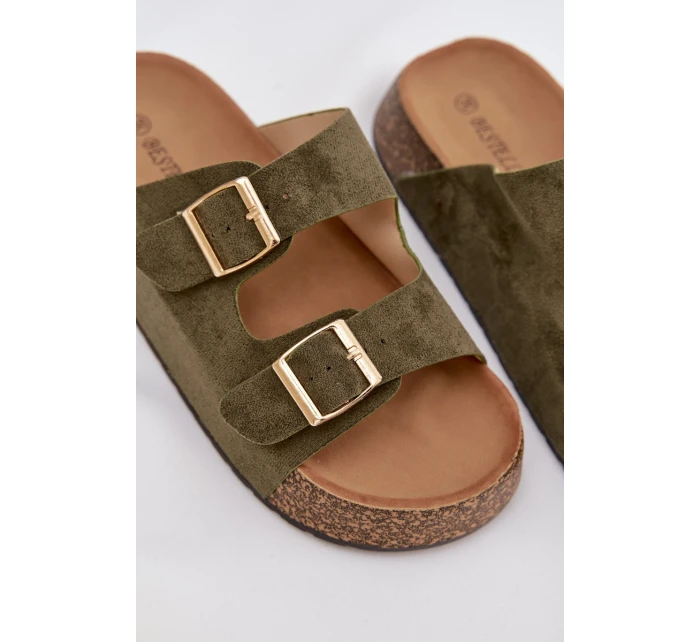 Dámské pantofle na korkové platformě se zlatými sponami Zelená Tovessa Dámské pantofle na korkové platformě se zlatými sponami Zelená Tovessa