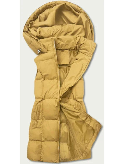 Tmavě žlutá péřová dámská vesta s kapucí model 17655340 - J.STYLE Tmavě žlutá péřová dámská vesta s kapucí model 17655340 - J.STYLE