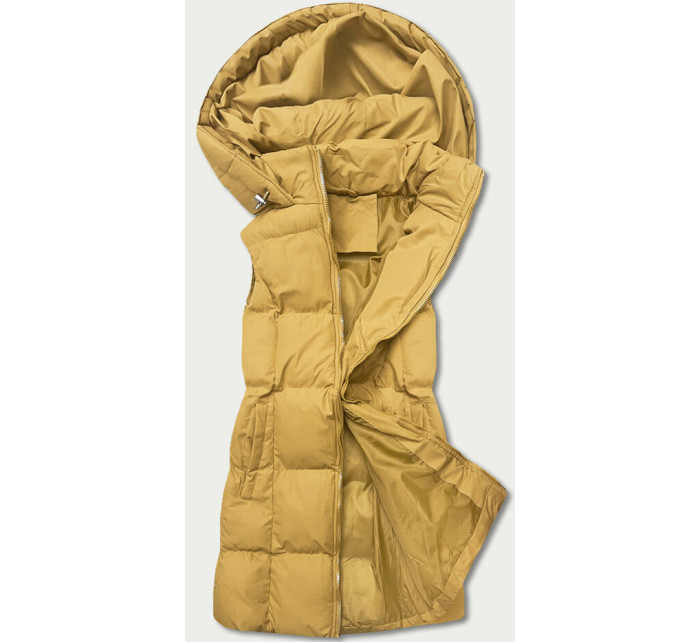 Tmavě žlutá péřová dámská vesta s kapucí (5M721-254)