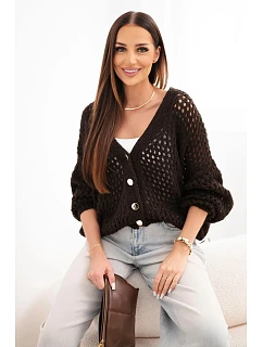 Dámský svetr síťovaný oversize na knoflíky hnědý