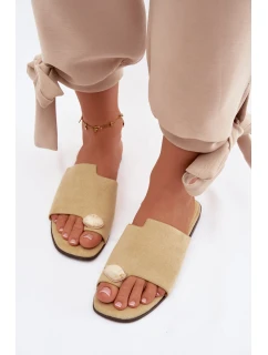 Dámské ploché pantofle s ozdobným detailem Eko semiš žluté Selavine