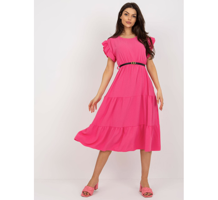 Tmavě růžové letní šaty s volánem a krátkým rukávem