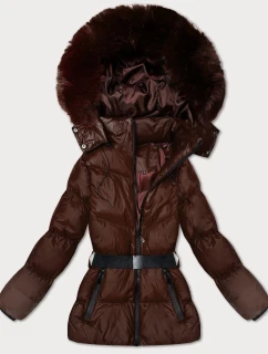 Hnědá zimní bunda s kapucí a s opaskem model 21479124 - J.STYLE