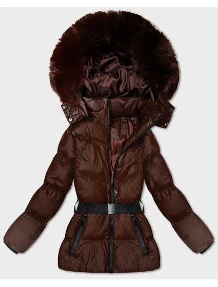 Hnědá zimní bunda s kapucí a s opaskem model 21479124 - J.STYLE Hnědá zimní bunda s kapucí a s opaskem model 21479124 - J.STYLE