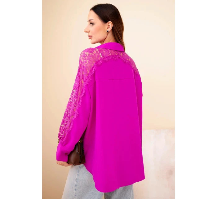 Dámská viskózová košile s krajkovými rukávy a límečkem tmavě fialová Dámská viskózová košile s krajkovými rukávy a límečkem tmavě fialová