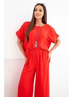 Dámský viskózový komplet halenka s krátkým rukávem a kalhoty se širokými nohavicemi červený