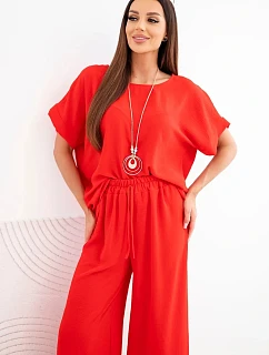 Dámský viskózový komplet halenka s krátkým rukávem a kalhoty se širokými nohavicemi červený