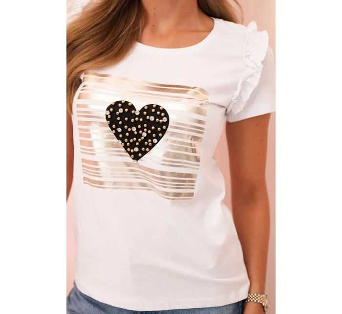Dámská bavlněná blůza s volánkem a srdcem z kamínků bílá
