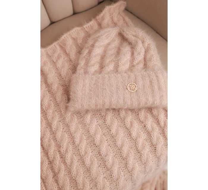 Dámská souprava čepice a šály s proužky s ozdobou béžová