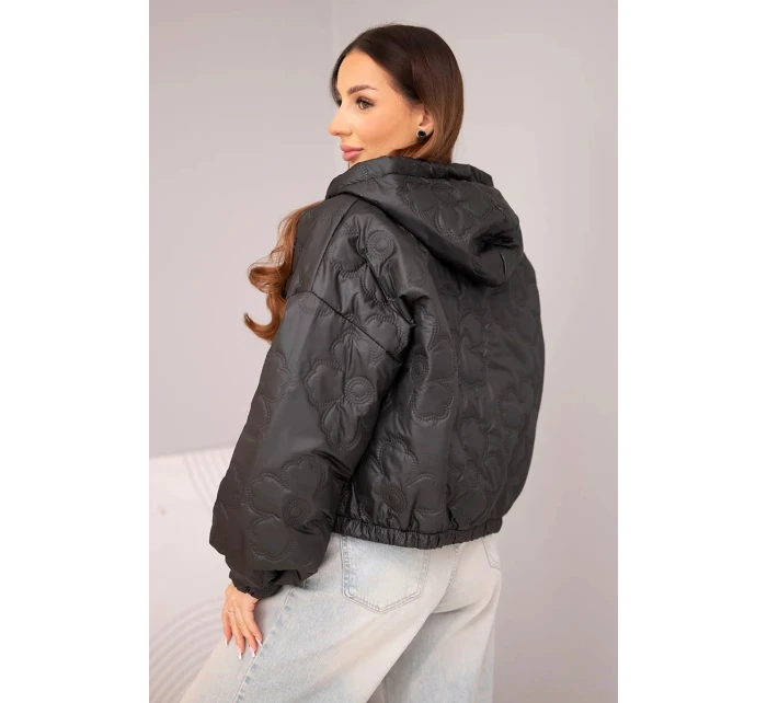 Dámská prošívaná bunda s kapucí a dekorativním květinovým ražením černá