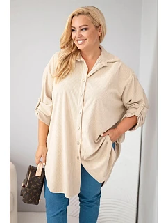 Dámská košile Plus Size z viskózy manšestrová s odepínacími rukávy béžová