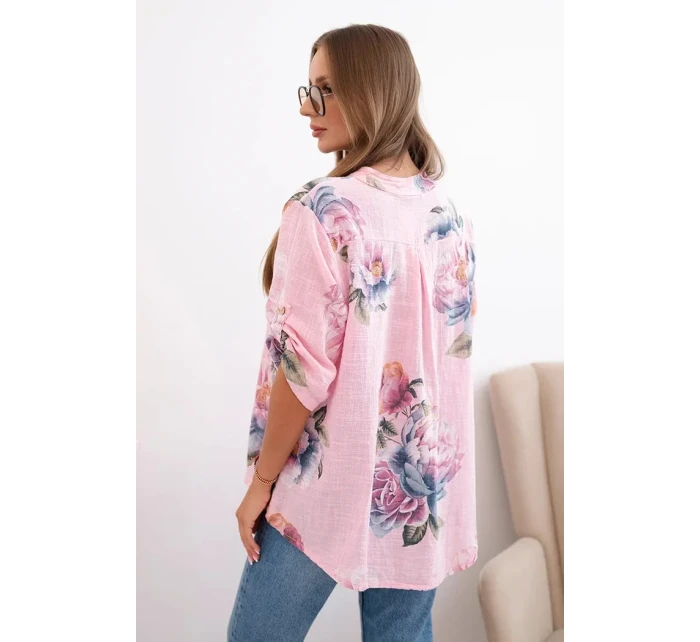 Dámská bavlněná halenka s květinovým vzorem bonbónově růžová