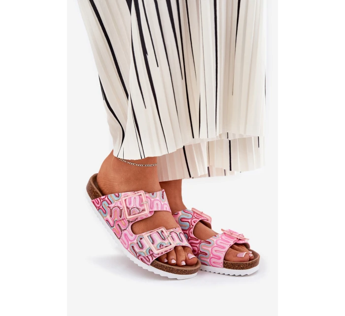 Dámské Pantofle S Přezkami A Brokátem Růžové S.Barski RB51-006 Dámské Pantofle S Přezkami A Brokátem Růžové S.Barski RB51-006