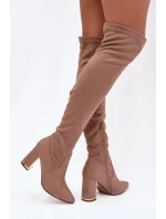 Dámské kozačky z eko semiše na kolena na podpatku tmavě béžové Thamine Dámské kozačky z eko semiše na kolena na podpatku tmavě béžové Thamine