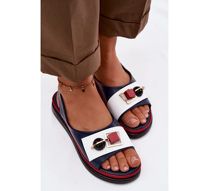 Kožené dámské sandály s ozdobou D&A model 22101325 tmavě modré - S.Barski Kožené dámské sandály s ozdobou D&A model 22101325 tmavě modré - S.Barski