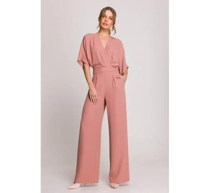 Kombinéza se širokými nohavicemi a výstřihem růžová model 20966151 - STYLOVE Kombinéza se širokými nohavicemi a výstřihem růžová model 20966151 - STYLOVE
