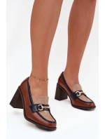 Dámské polobotky na sloupku s ražbou a zlatým detailem Novella – béžovo/hnědé Dámské polobotky na sloupku s ražbou a zlatým detailem Novella – béžovo/hnědé