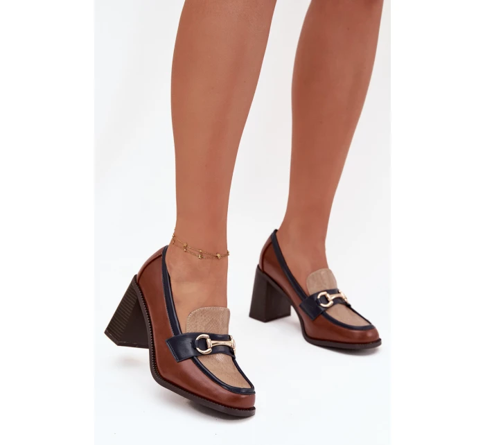 Dámské polobotky na sloupku s ražbou a zlatým detailem Novella – béžovo/hnědé Dámské polobotky na sloupku s ražbou a zlatým detailem Novella – béžovo/hnědé