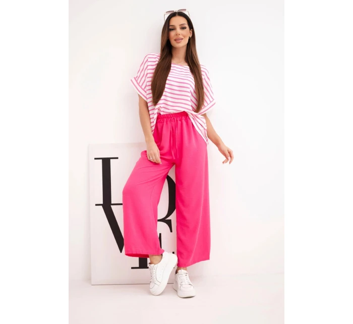Dámský komplet z viskózy s model 21951955 blůzou a širokými kalhotami s gumou fuchsie - K-Fashion