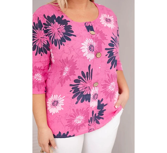 Dámská bavlněná halenka Plus Size s krátkým rukávem a knoflíky růžová