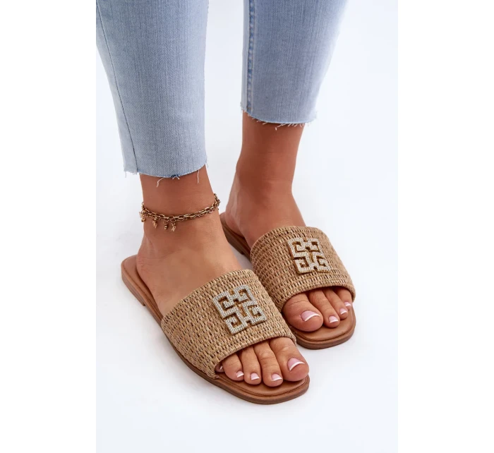 Dámské ploché pantofle s prýmkem a zdobením, Béžová Omenna Dámské ploché pantofle s prýmkem a zdobením, Béžová Omenna