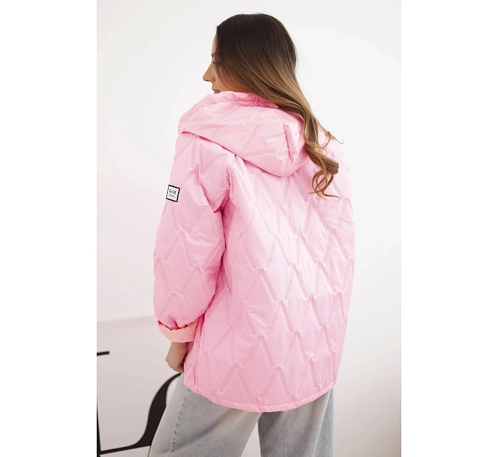 Dámská jarní prošívaná bunda s kapucí a zipem cukrově růžová