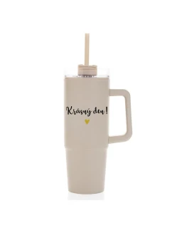 KRÁSNÝ DEN - béžový cestovní termohrnek s průhledným víčkem 900 ml  