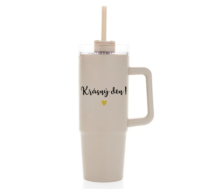KRÁSNÝ DEN - béžový cestovní termohrnek s průhledným víčkem 900 ml  