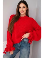 Dámský svetr s přídavkem mohéru s model 21857679 pletením a ozdobnými rukávy červený - K-Fashion