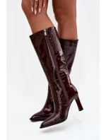 Kožené lakované dámské kozačky na podpatku s  bordó model 21713957 - D&A