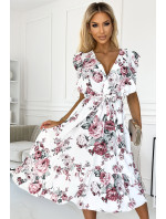 Midi šaty s volánkem, výstřihem a zavazováním Numoco GABRIELLA - bílé s květy