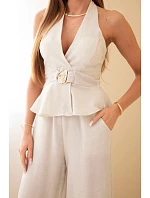 Dámská viskózová souprava s vázaným topem a kalhotami se širokými nohavicemi béžový