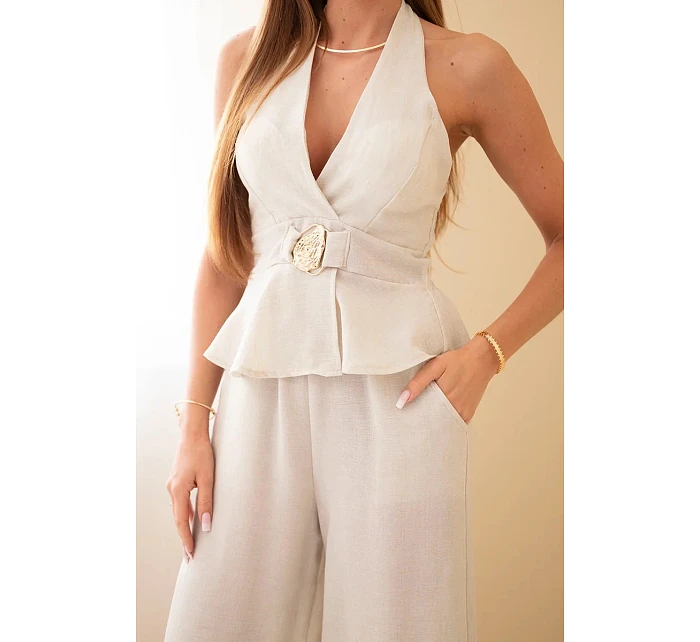 Dámská viskózová souprava s vázaným topem a kalhotami se širokými nohavicemi béžový