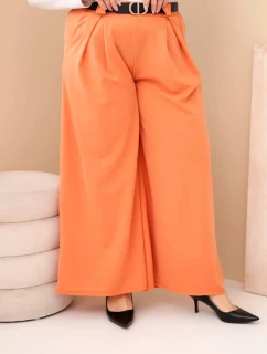 Dámské kalhoty Plus Size viskózové s širokou nohavicí a pásem meruňkové