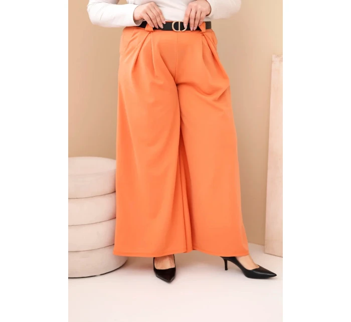 Dámské kalhoty Plus Size viskózové s širokou nohavicí a pásem meruňkové