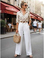 Dámské lněné kalhoty s širokými nohavicemi bílé FashionStreet UY3078 Dámské lněné kalhoty s širokými nohavicemi bílé FashionStreet UY3078