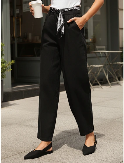 Dámské kalhoty s vysokým pasem a záševky černé FashionStreet UY2901