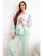 Dámský máslový viskózový komplet s květinami s širokou nohavicí tmavě mátová