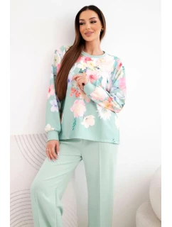 Dámský máslový viskózový komplet s květinami s širokou nohavicí tmavě mátová