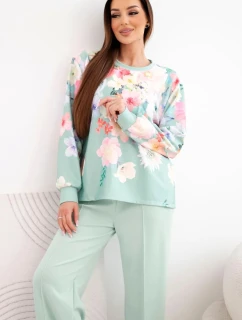 Dámský máslový viskózový komplet s květinami s širokou nohavicí tmavě mátová