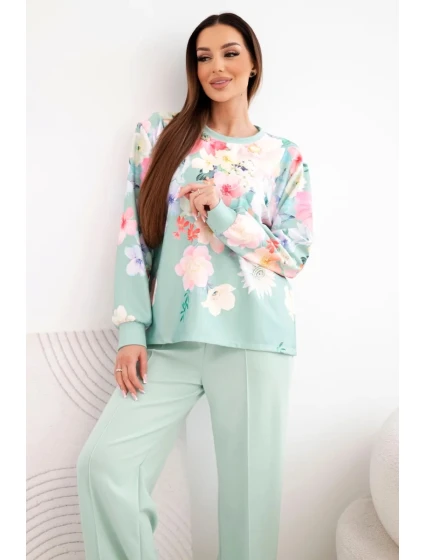 Dámský máslový viskózový komplet s květinami s širokou nohavicí tmavě mátová