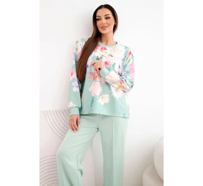 Dámský máslový viskózový komplet s květinami s širokou nohavicí tmavě mátová