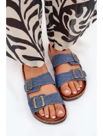 Dámské pantofle na korkové platformě s přezkami – tmavý denim