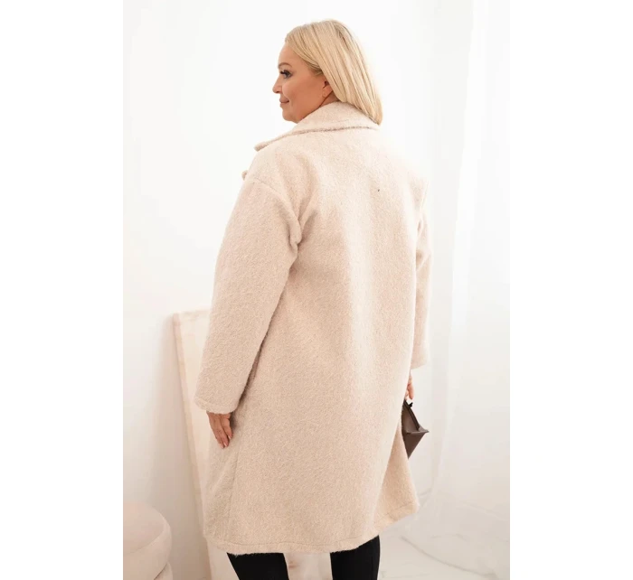 Dámský kabát Plus Size s vlnou a velkým límcem béžový