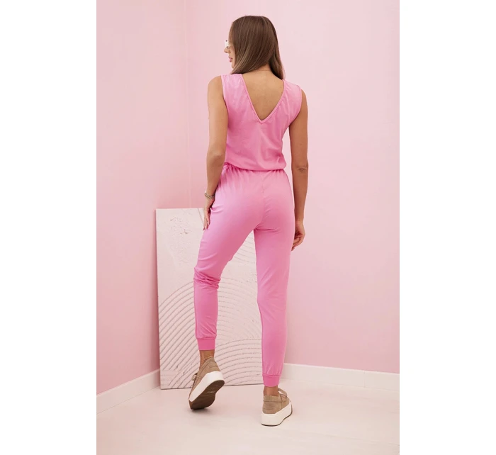 Dámský bavlněný overal bez rukávů s vázáním v pase světle růžový