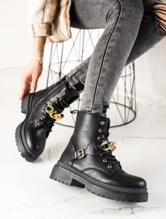 Designové dámské černé  kotníčkové boty na plochém podpatku