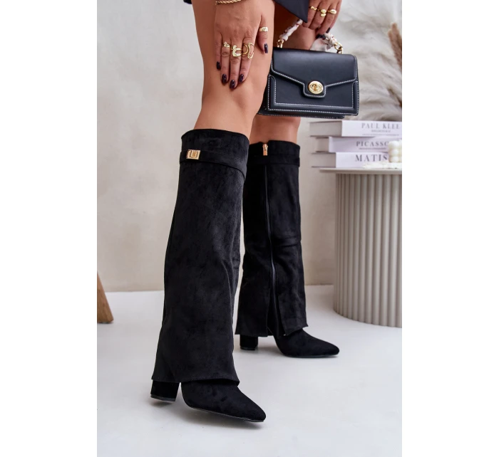 Dámské zateplené kozačky na sloupkovém podpatku s vyhrnutou holení Evyra – béžové, eko semiš