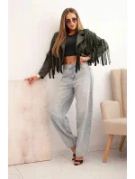 Dámská semišová bunda s třásněmi khaki