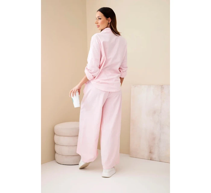 Dámský bavlněný komplet s košilí na zavazování a širokými nohavicemi pudrově růžová Dámský bavlněný komplet s košilí na zavazování a širokými nohavicemi pudrově růžová